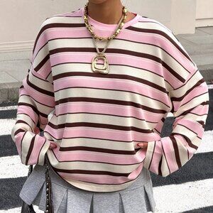 Multicolor Casual Loose Fit Women's Contrast Color Striped Long Sleeve T-Shirt